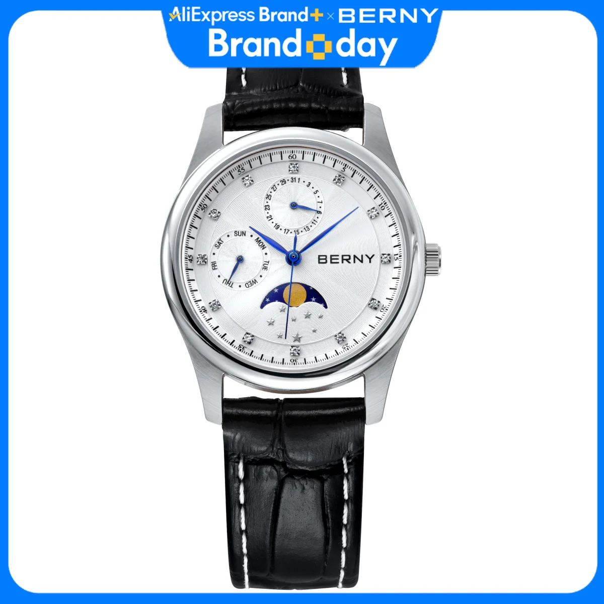 BERNY Women's Watches Calendar Date Week Real Moon Phase Quartz Women Watch Leather Strap Elegant Casual Ladies Girl Wristwatch