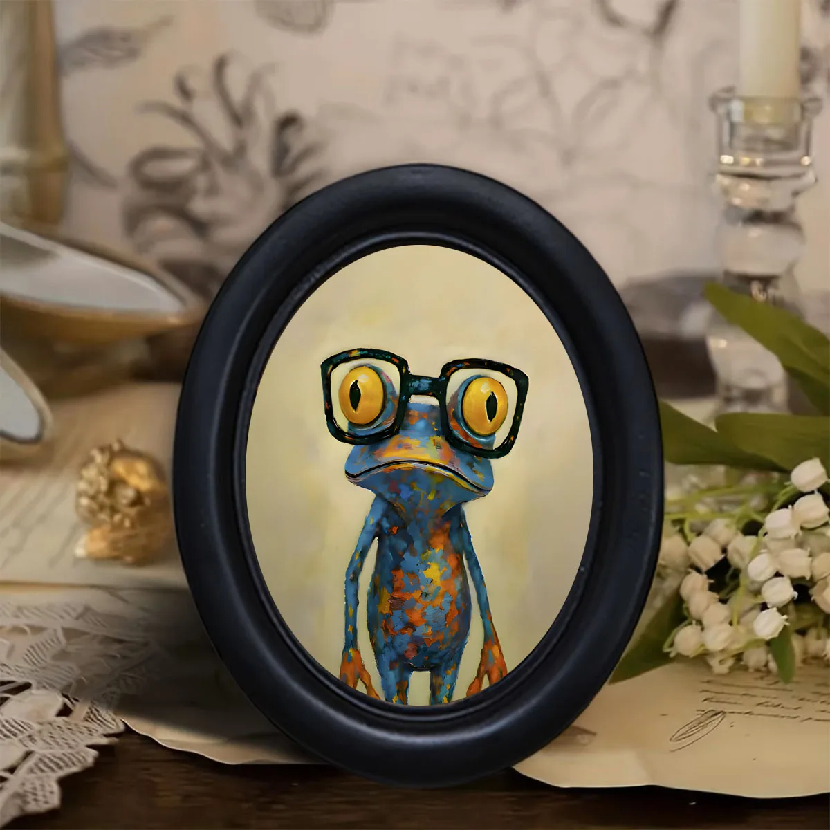 1 pieza de decoración de pared moderna con diseño de rana, decoración con marco ovalado negro, pintura artística colorida con elementos de rana, arte de pared divertido con animales, adecuado para oficina/dormitorio, regalo exclusivo para entusiastas de las ranas