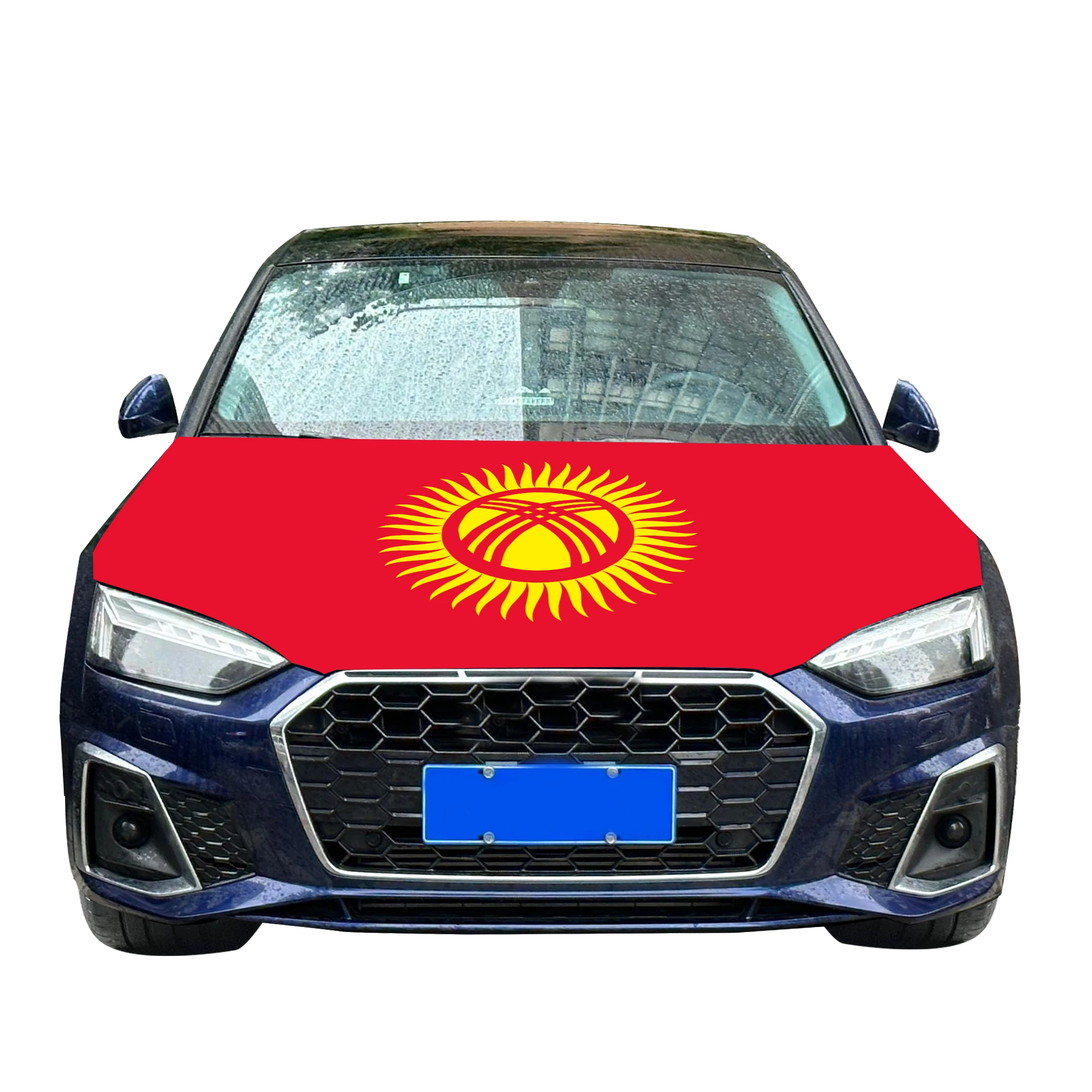 Kyrgyzstan Car Hood Cover Flag  Universal Size Elastic Polyester 120x150cm for Car Decor