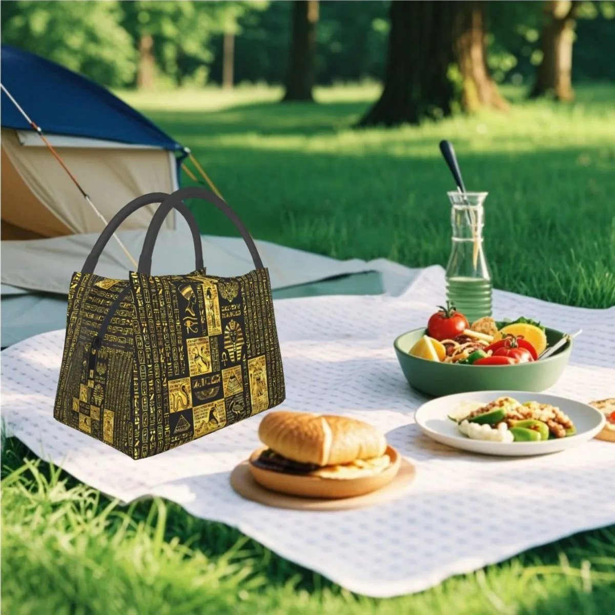 1pc Egyptian-Themed Insulated Lunch Bag – Portable & Reusable Cooler Tote With Hieroglyphic Patterns For Work, Picnic, Beach