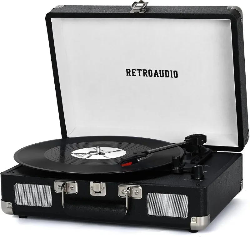 

Vinyl Record Player 3-Speed Bluetooth Portable Suitcase Belt-Driven Record Player with 2 Built-in Stereo Speakers (Black)