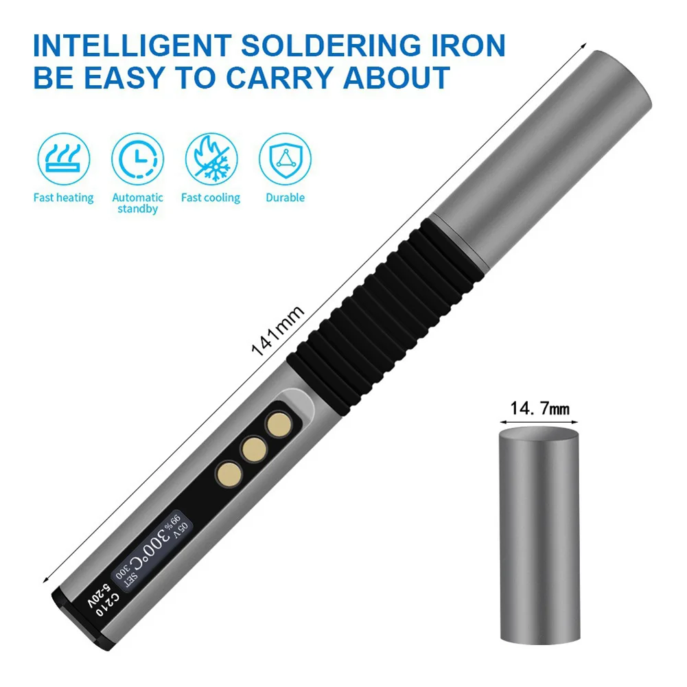USB Powered Soldering Iron Fast Heating Tool Silver Black Smart Soldering Iron Fast Heating Element Real-time LCD Readout