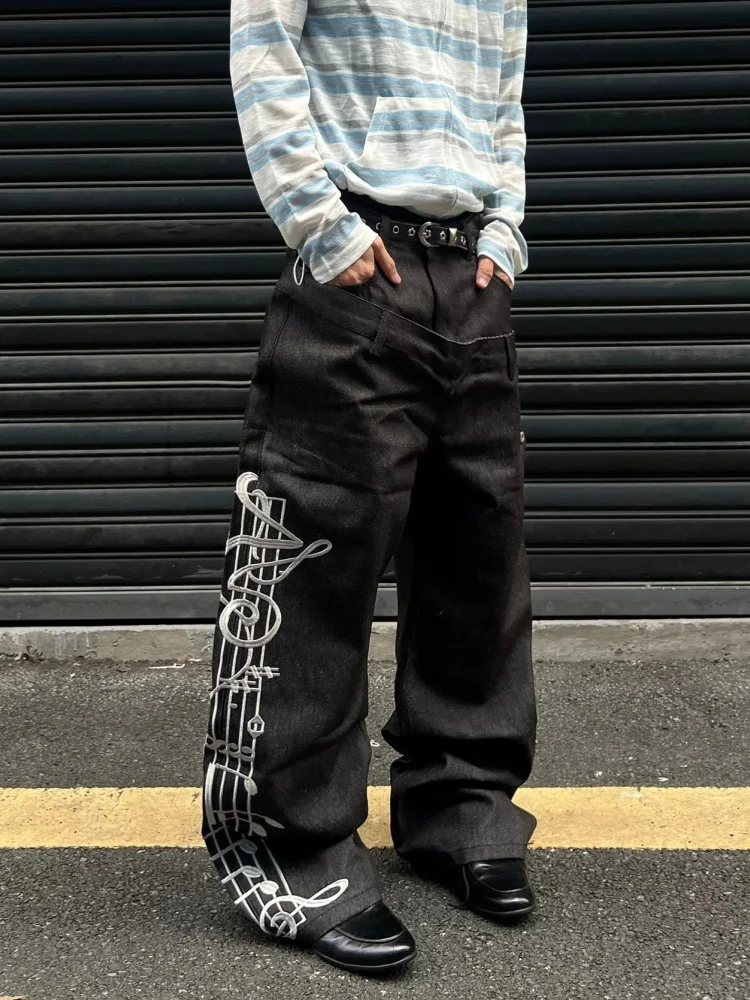 2026 Gothic Y2K Style Black Double Waistband Design Baggy Jeans Pants For Men Clothes Wide Leg Streetwear New Rock Long Trousers