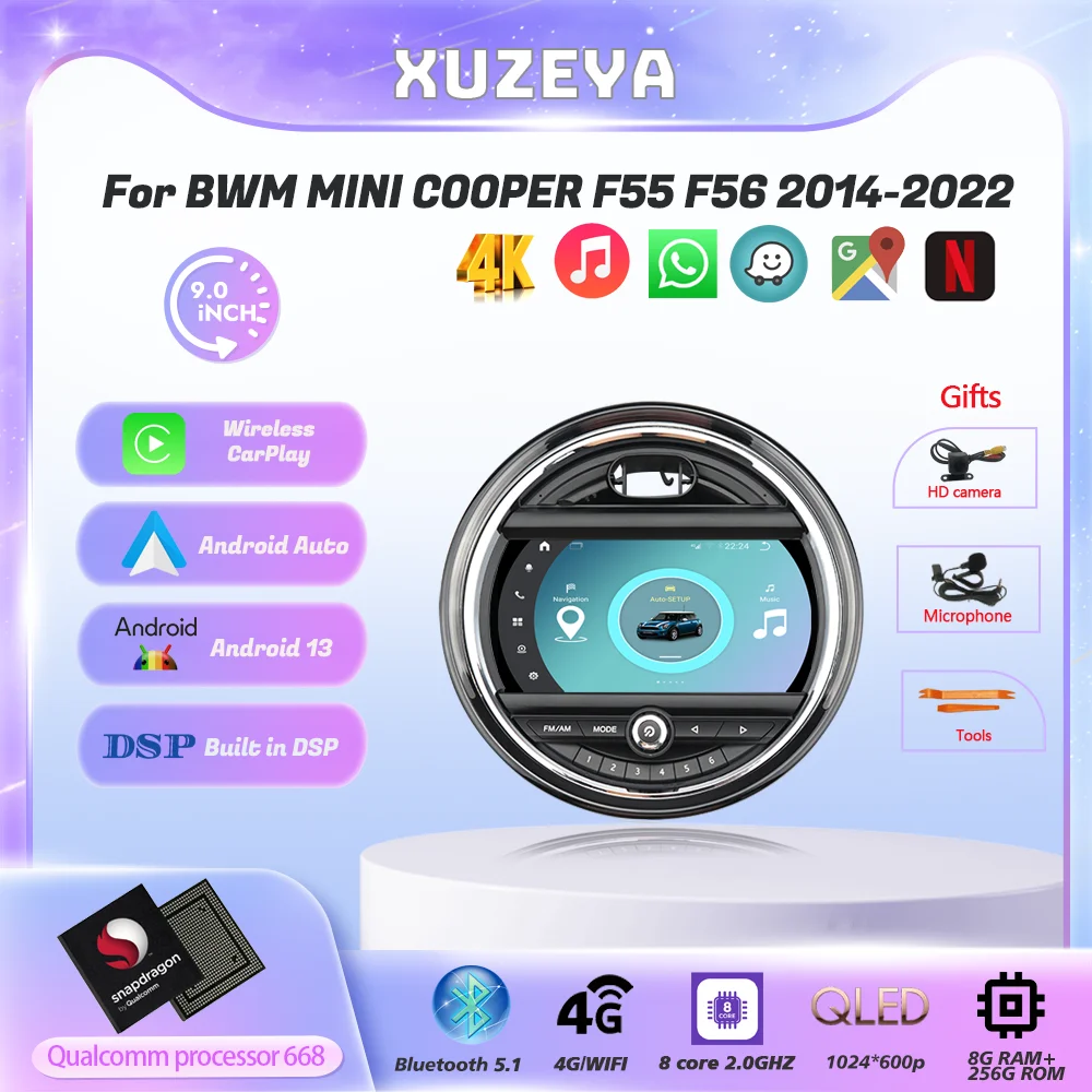 9.0-inch Android 13 For BWM Mini Cooper F55 F56 2014-2022    GPS Navigation Radio Carplay 4G Multimedia Player