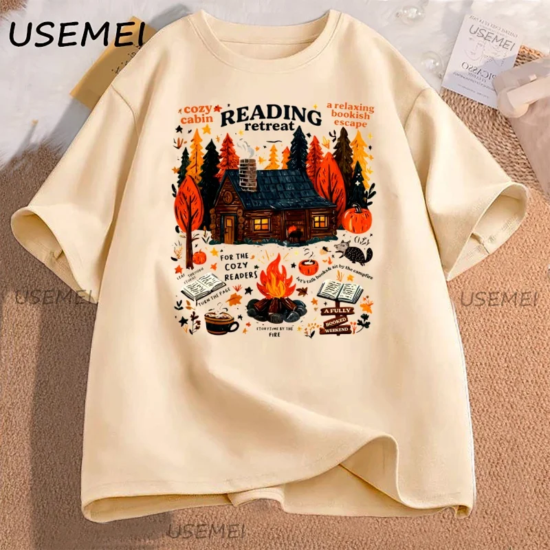 Cozy Cabin Reading Retreat T-shirt Fall Bookish Tshirt Readers Pumpkin Spice Book T Shirt Fashion Kawaii T-shirt Y2K Clothing