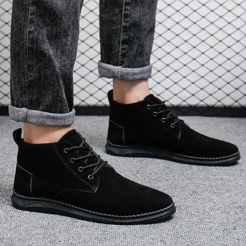 High Top Casual Grey Suede Shoes Men's Lace Up Black Flat Bottom Short Boots Men's Chelsea Boots High-quality Brand Denim Boots