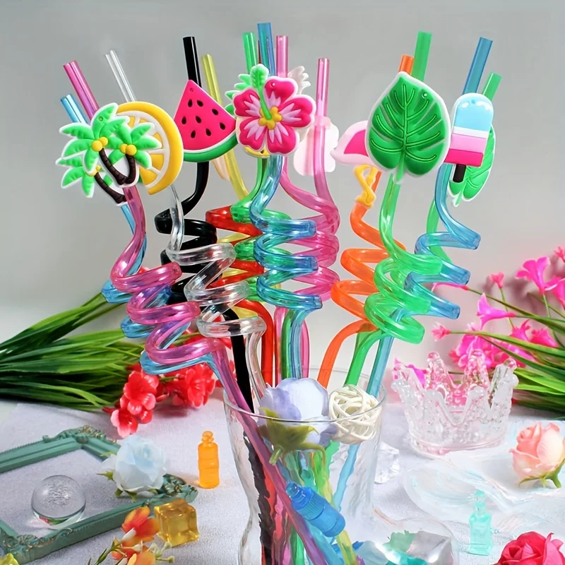 

8 шт. соломинки на тему гавайского тропического дождя, многоразовые спиральные соломинки, пищевой ПЭТ-материал, идеально подходят для летних пляжей, у бассейна