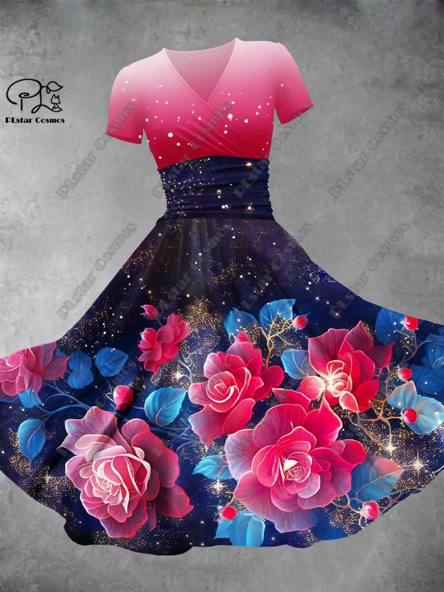 3D printed new Valentine's Day series flower and butterfly all-over printed V-neck short-sleeved A-line long dress casual