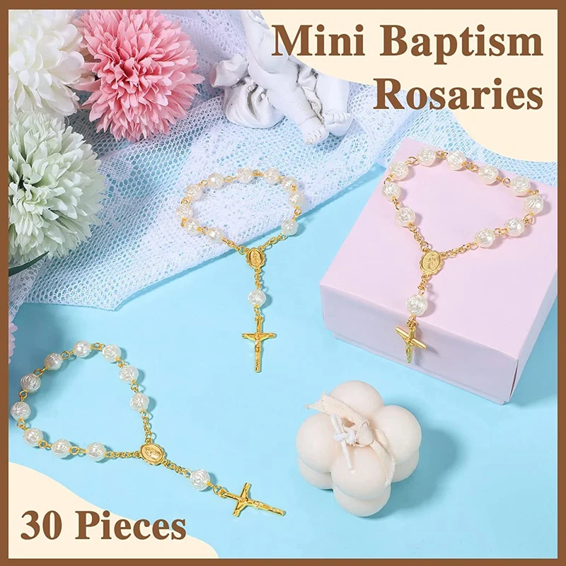 ABXH 30Pcs Baptism Rosary Acrylic Rosary Beads Mini Rosaries With Cross For The First Communion Baptism Party Favors