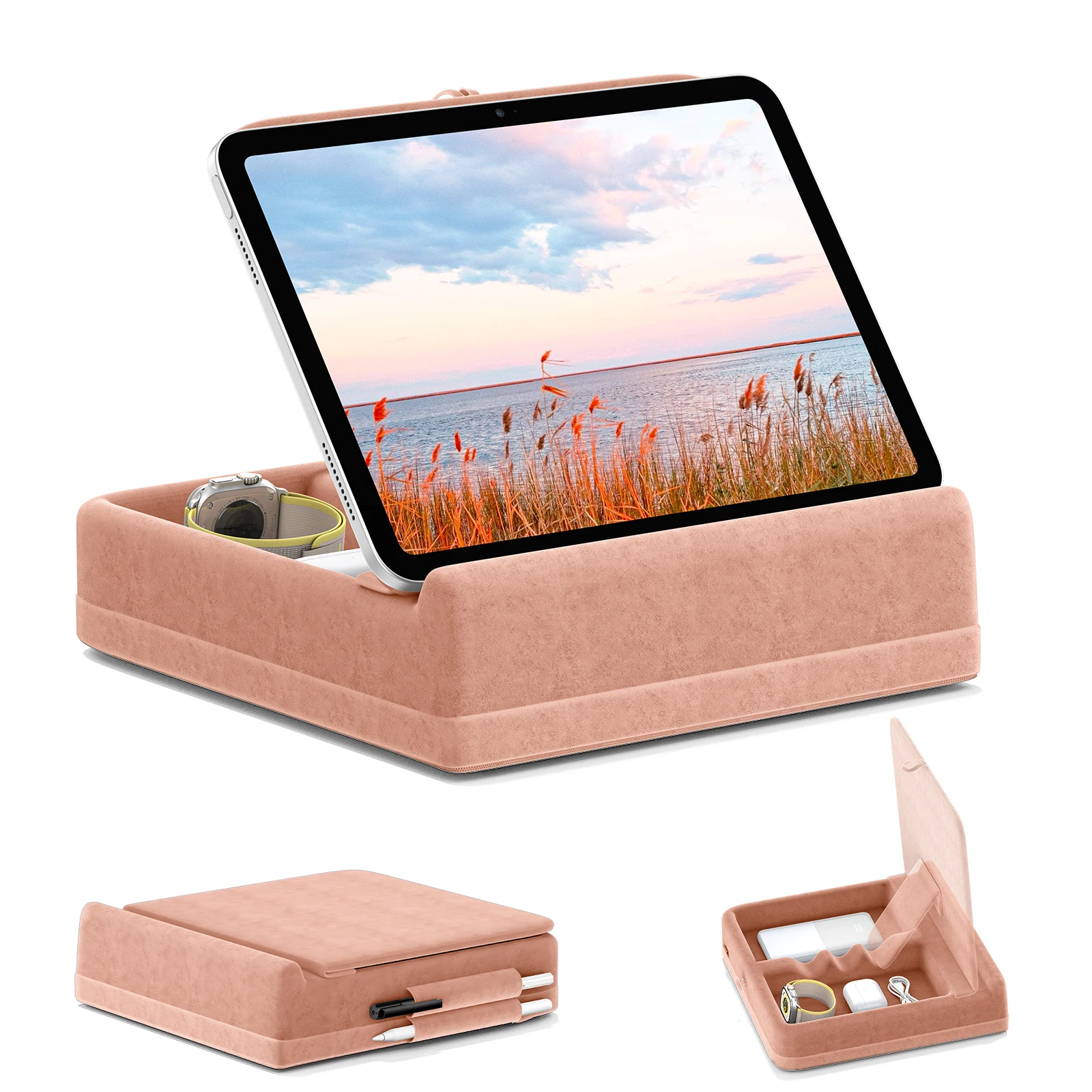Tabletkussensstandaard met opbergruimte Opvouwbare iPad-houder voor bed en schoot en bureau In hoek verstelbaar zacht kussen Dock met stylushouder