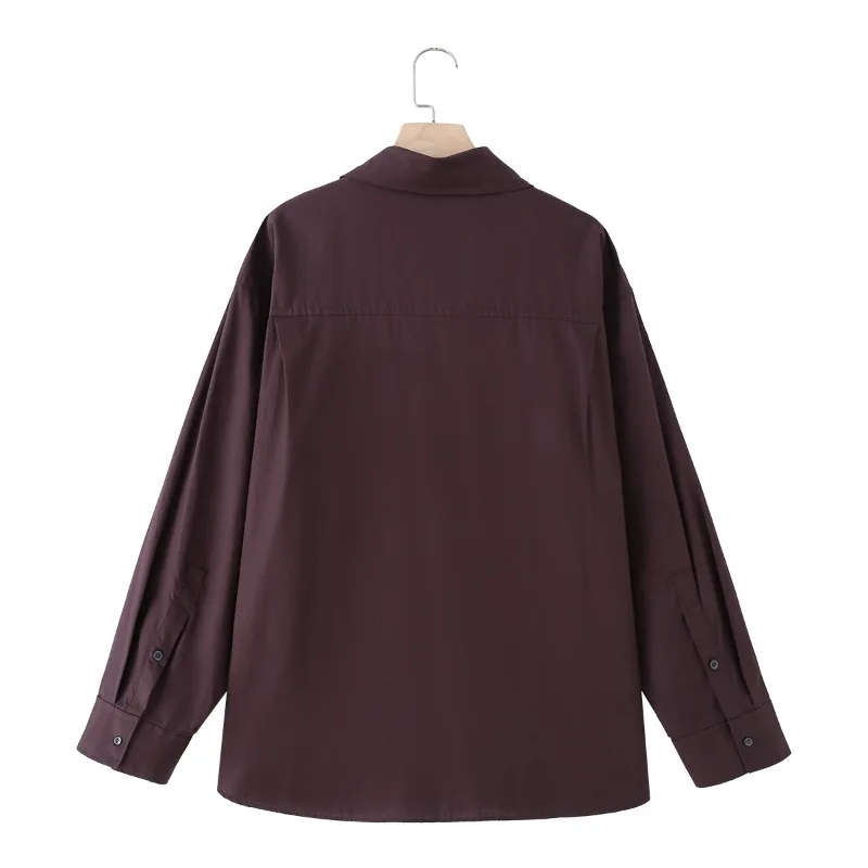 CharmChant Women's Brown Cotton Tie-Neck Oversized Shirt Spring Autumn Chic Minimalist Style Long Sleeve Blouse Tops for Woman