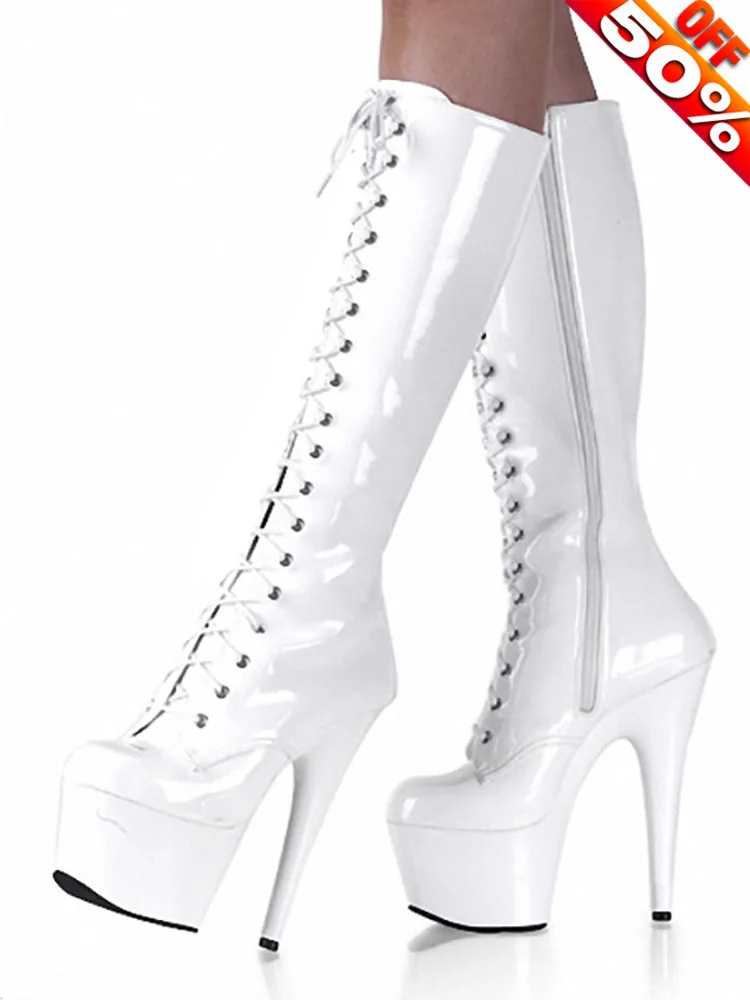 6Inches Stripper Heels Mid-Calf Round Toe Lace Up Sexy Fetish 15cm Exotic Dancer Sexy Fetish Pole Dance Shoes Nightclub Women\'s