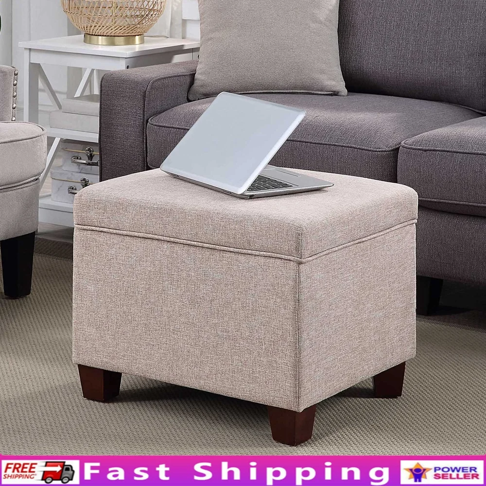 

Multi-Functional Storage Ottoman Footrest Chair Indoor Upholstered Tan Fabric Hinged Lid Durable Wood Frame Easy Assembly 150lb