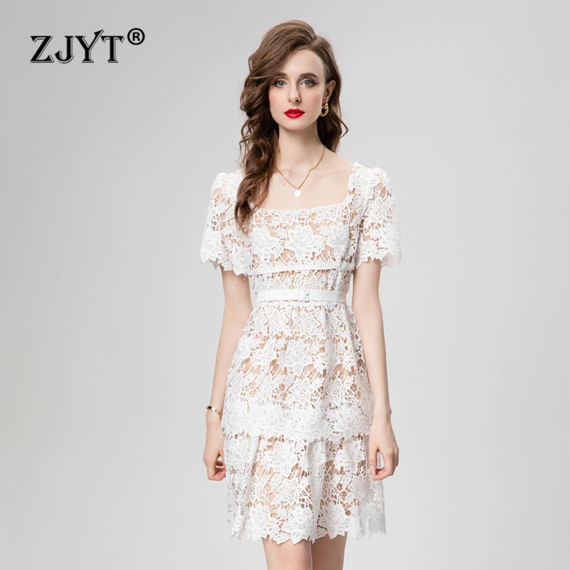 

ZJYT Summer Crochet Embroidery White Lace Dress Women Elegant Hollow Out Square Collar Party Mini Dresses Vacation Vestidos 2024