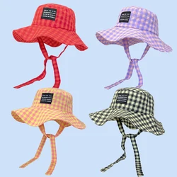 Ins Blogger sombrero de cubo con correa de corbata a cuadros Retro para mujer, gorro de pescador versátil de viaje de verano, gorra de Sol de ala ancha Popular, moda para niñas