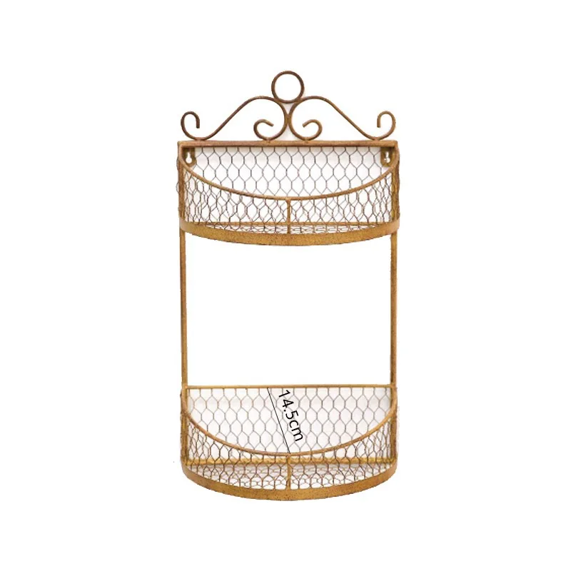 

Vintage Rustic Wall Mounted Wire Basket, 2-Tier Storage Organizer with Scrollwork, Distressed Metal, 53cm Height