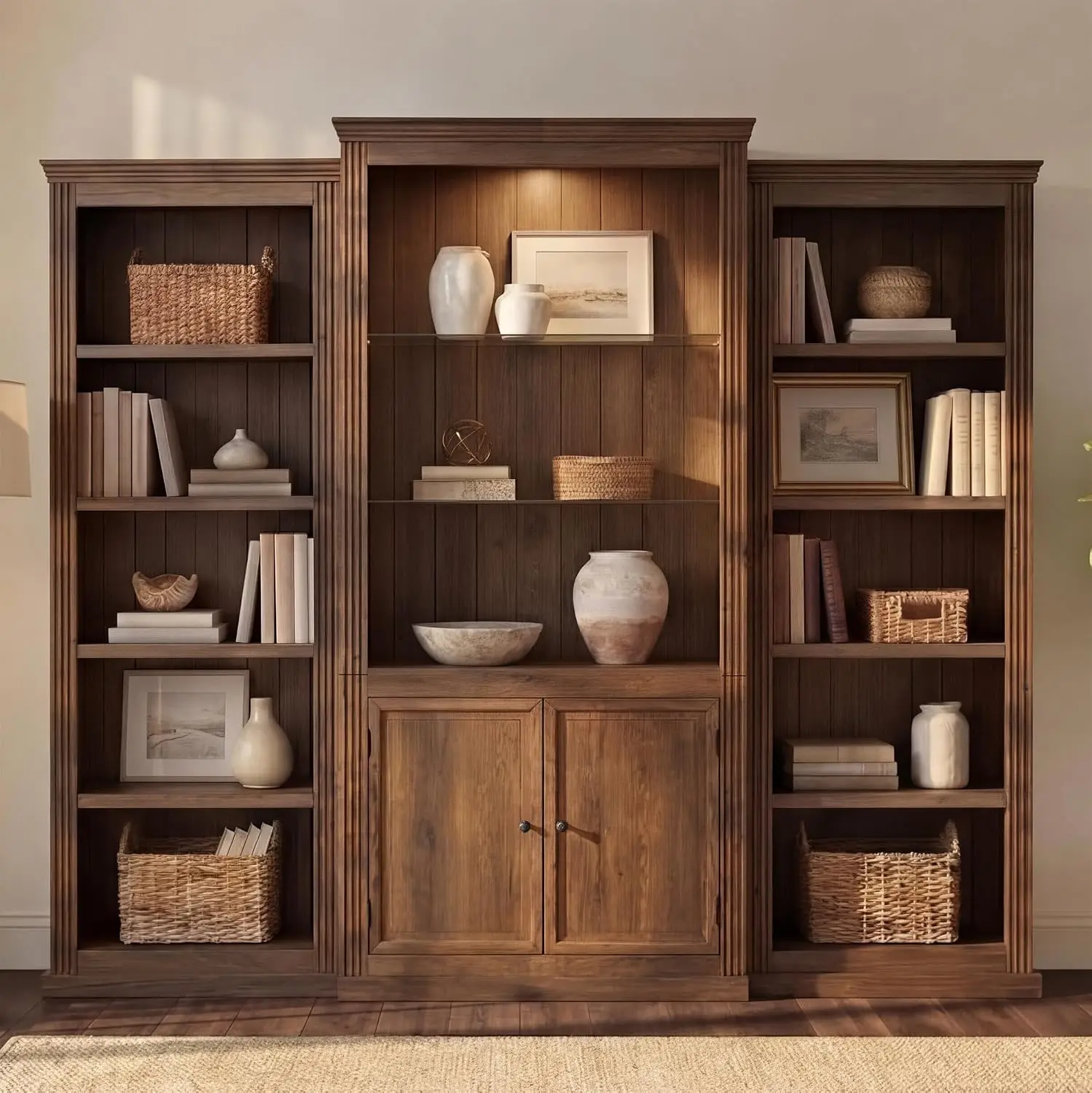 3-Pieces Brown Bookcase Collection Display Cabinet Tall Bookshelf