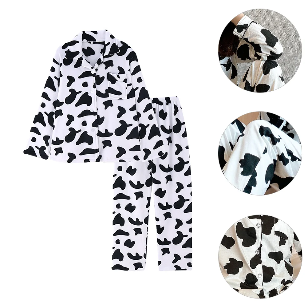 Women's Cow Pajamas Woman Loungewear Nightgowns for Girls Dresses Winter Long Sleeve Sleepwear Nightwear White Blouse