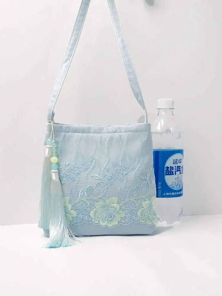 Chinese Style Light Blue Lace Embroidered Tassel Crossbody Shoulder Bag For Women Casual Daily Hanfu Matching Ladies Mini Purse