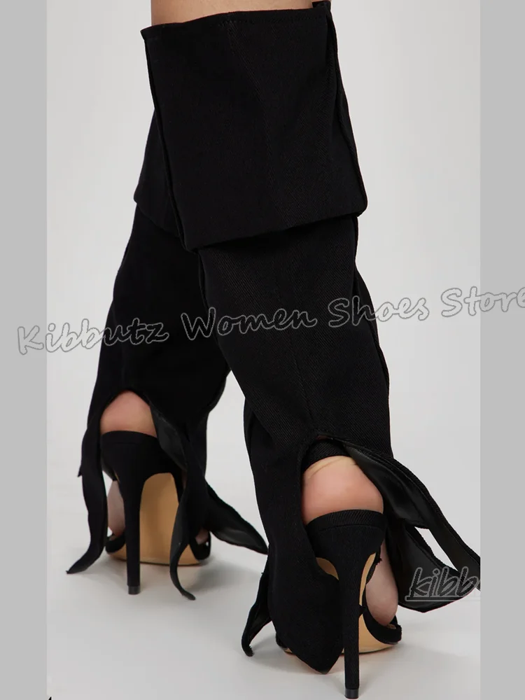 

Turned-Over Edge Sandals Knee High Denim Cloth Slip-On Fashion Luxury Elegant Women Summer Shoes Square Toe Thin High Heels New