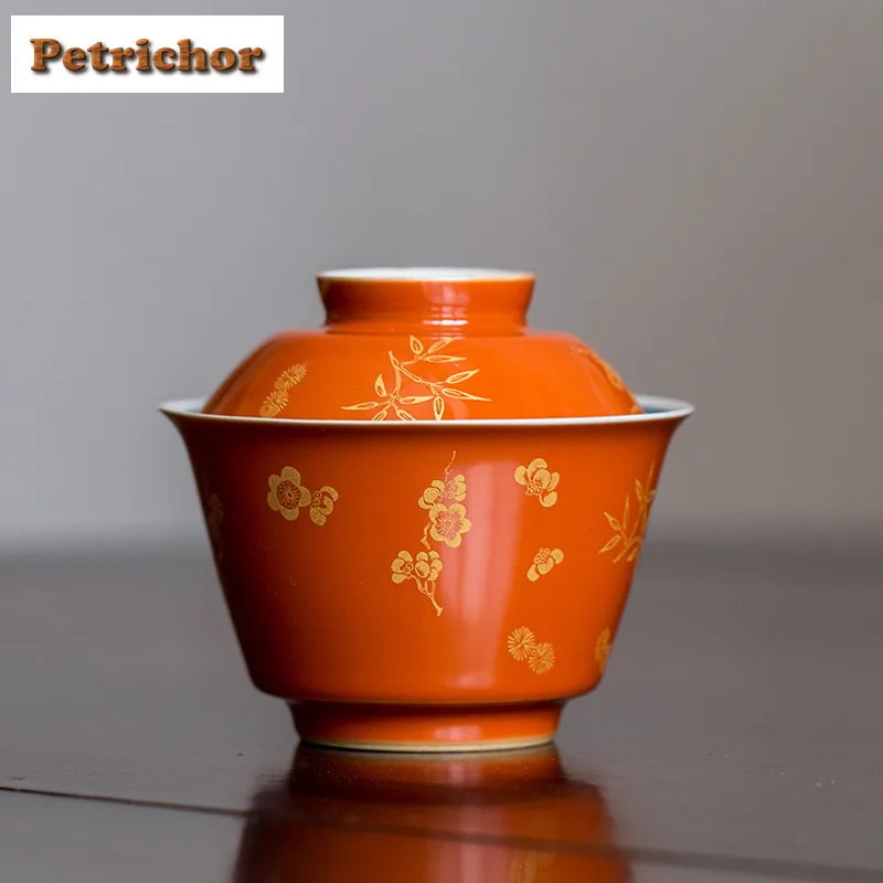 125ml Gold Stamp Plum Bamboo Pine Gaiwan Retro Tea Tureen Tea Bowl With Lid Kit Tea Brewing Cover Bowl Kung Fu Tea Set Supplies