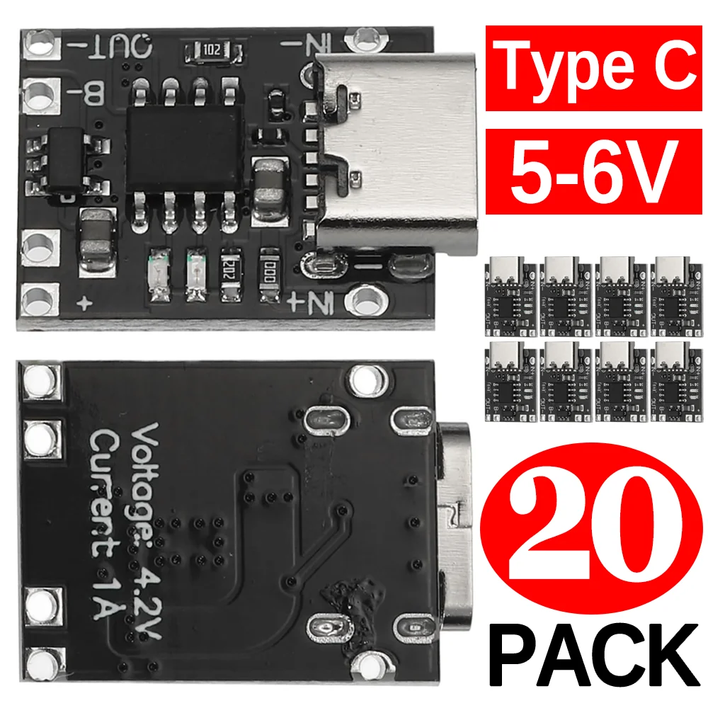20-1PCS Universal USB Type C Charging Board 3.7V Lithium Battery Charger Board Over Module with Protection Circuit Connectors