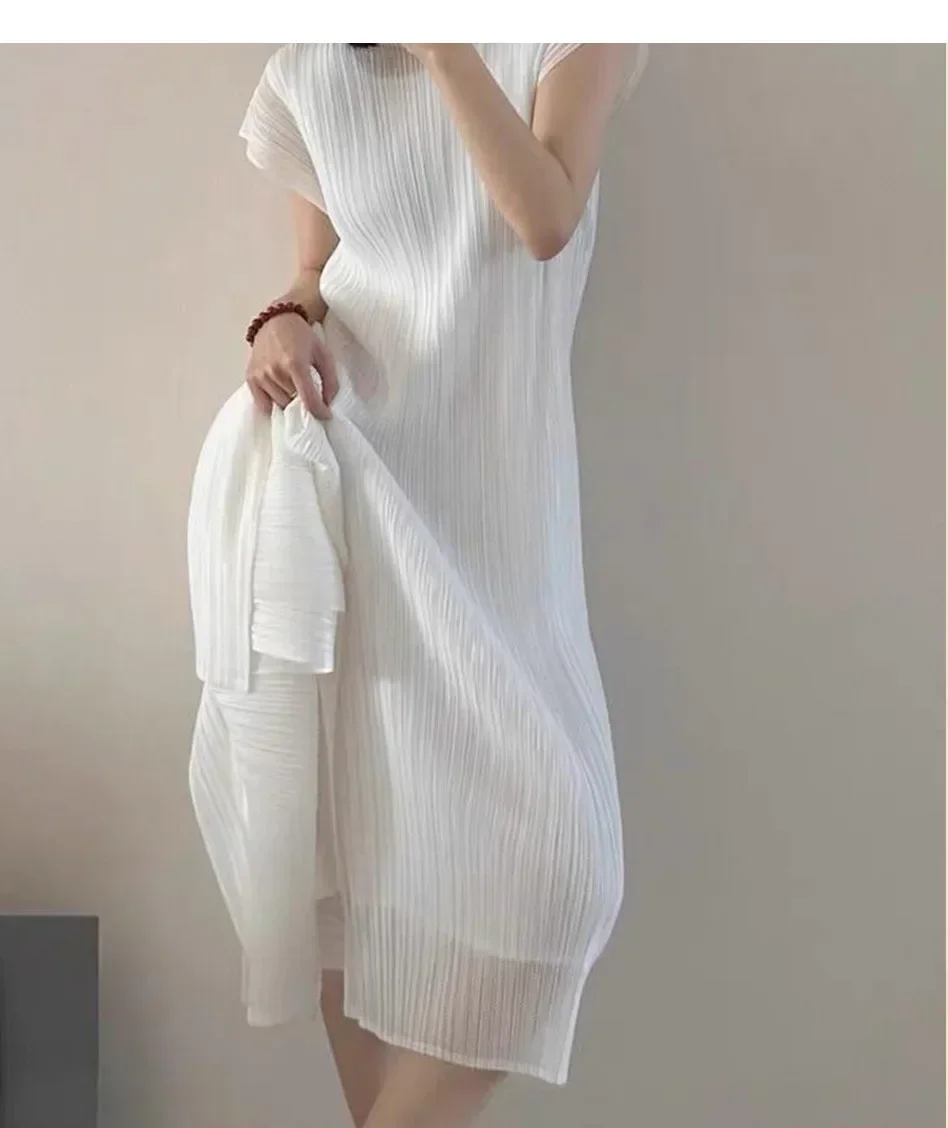 Vestidos femininos miyake plissado moda baggy plus size o-pescoço sem mangas vestido de dupla camada