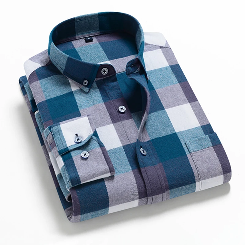 

100%cotton brushed long sleeve shirts for man caual plain shirt soft single pocket plaid tops Fashion korean popular clothes