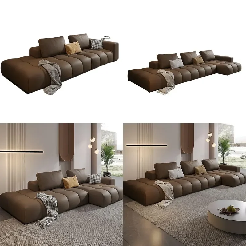for Italian Pixel Leather Sofa Living Room First Layer Cowhide Cream Style Modern Simple Straight Row Size Apartment Three