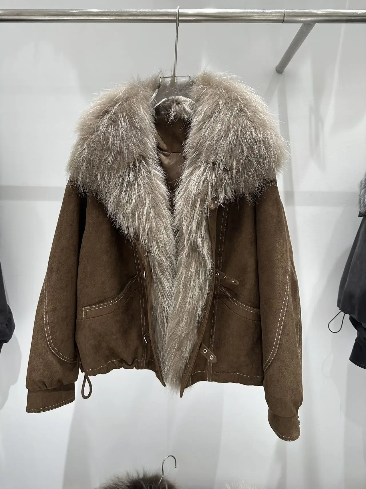 OFTBUY Women Suede Cropped Coat Winter Warm Drawstring Hem Daily Wear Outerwear Oversized Real Fox Fur Collar Goose Down Jacket