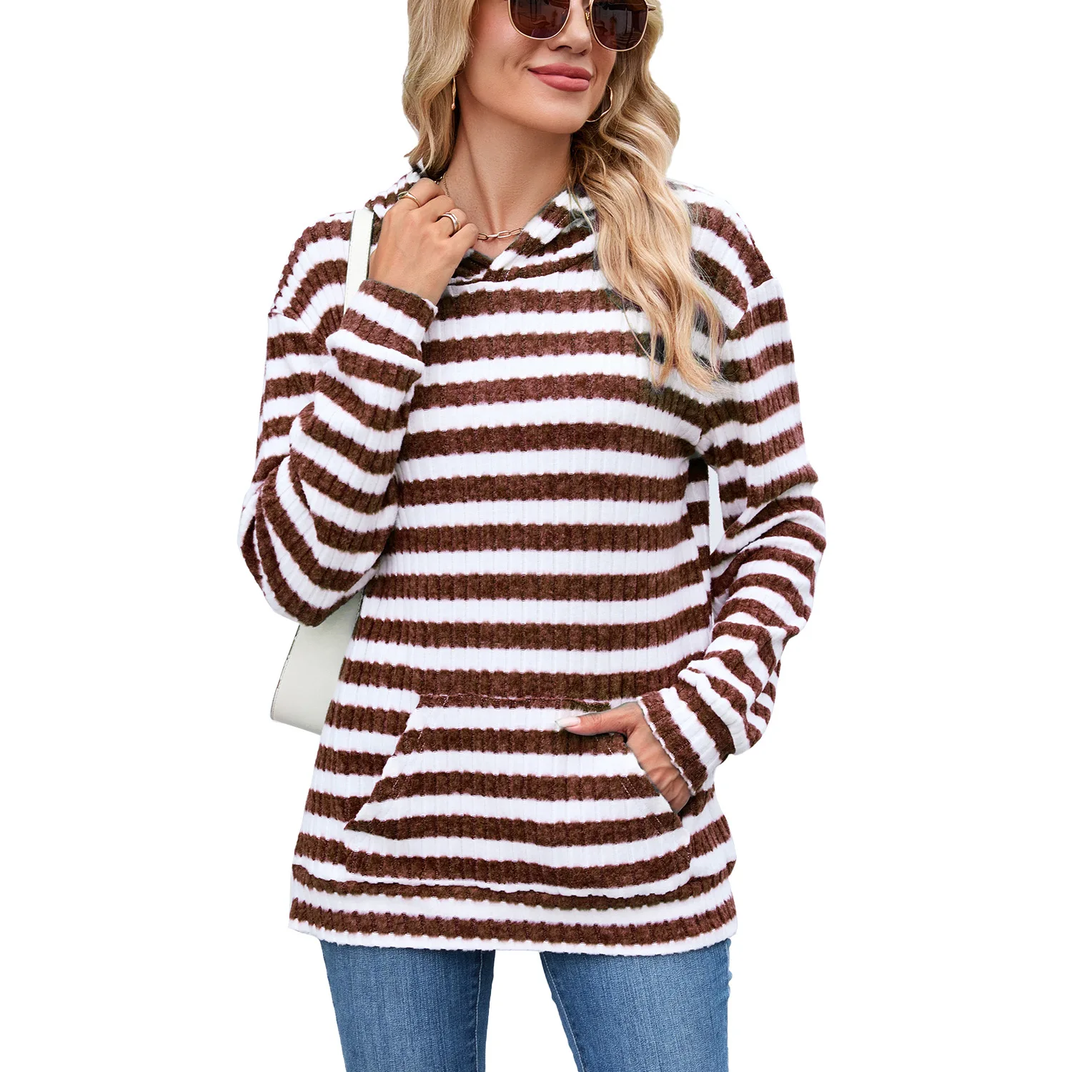 Abbigliamento Donna Hooded Striped Pullover Long Sleeve Pocket Office Commuting Versatile Pullover Sweatshirt Tops Woman's 2025