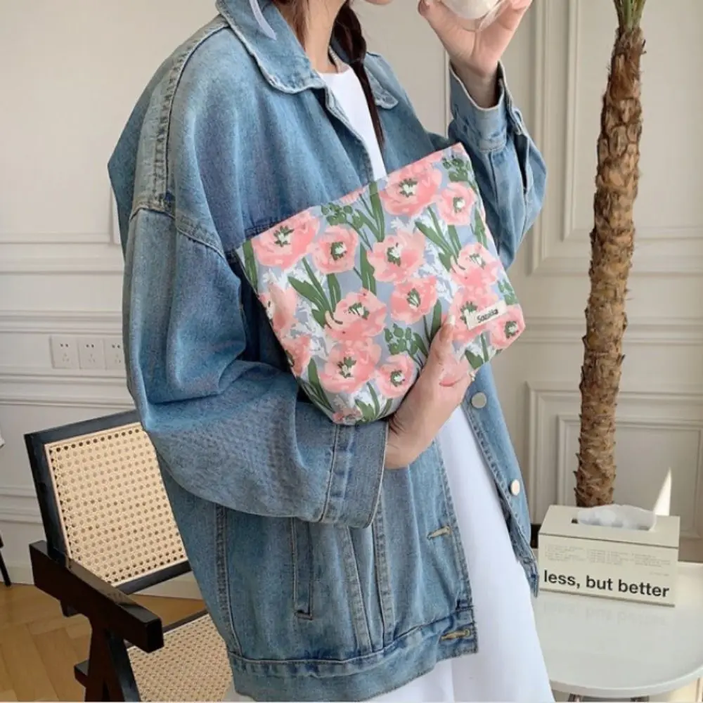 Women Cute Floral Cotton Makeup Bag Lipstick Bags Purse Zipper Bag Pocket Clutch Bag Storage Bag Outdoor Shopping Accessories