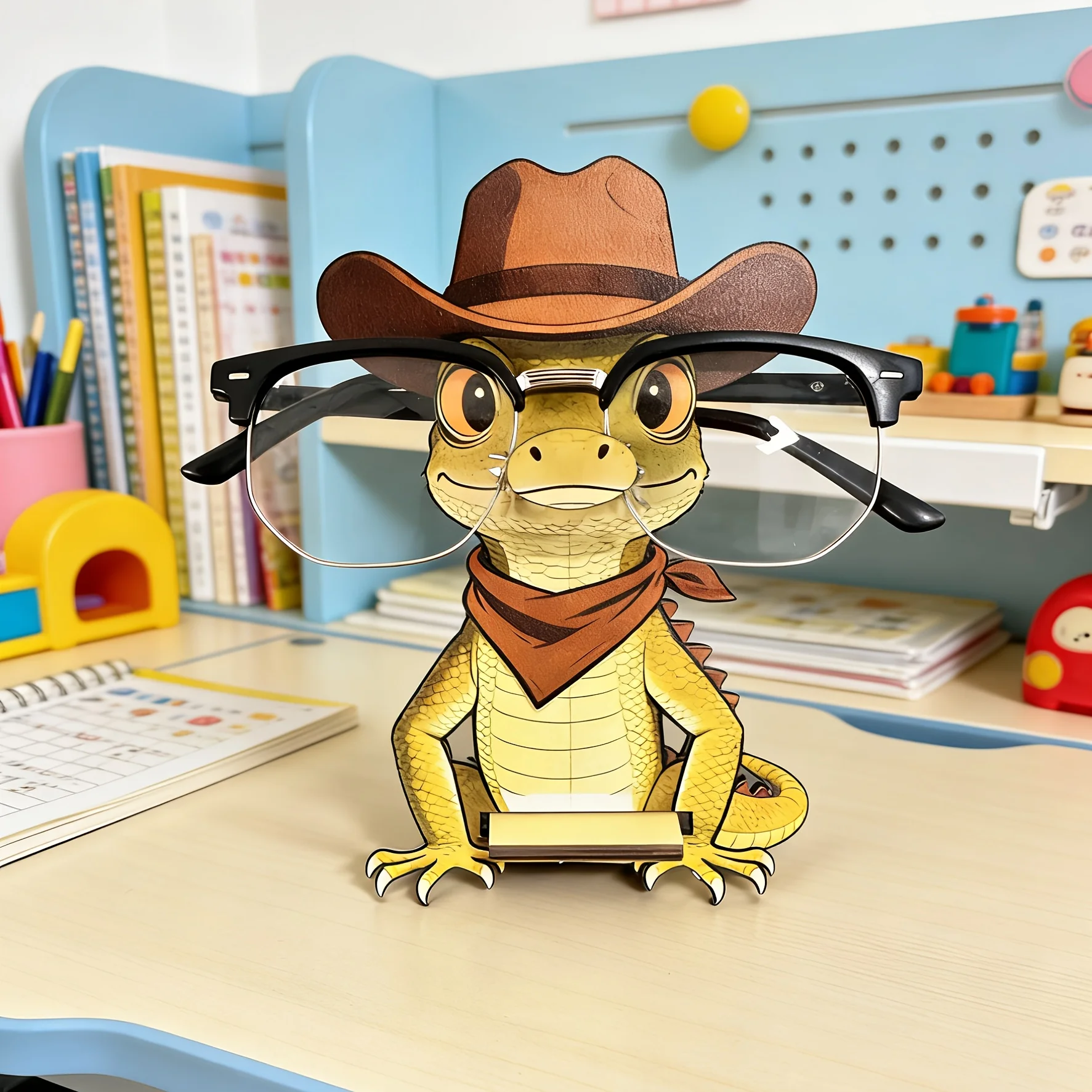 2D 1PCS Fashionable Cowboy Lizard Cartoon Style Wooden Eyeglass Holder Multi-functional Display Stand Desktop Office Home Decor