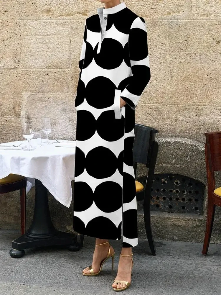 Female Stylish Selection Polka-Dot Split-Side Stand Collar Long Dress 2023 Spring Autumn Long Sleeves Party Maxi Dresses