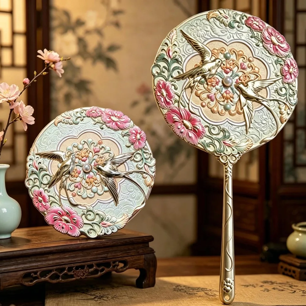 Miroir de poche vintage de style chinois, motif pivoine délicate, miroir à main, outil cosmétique, miroir de maquillage