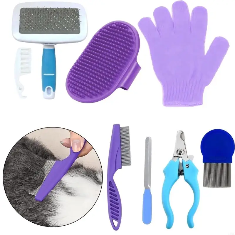 Routine Pet Grooming Tool Set of 8 with Brush Glove and Comb for Small Animal J0MC