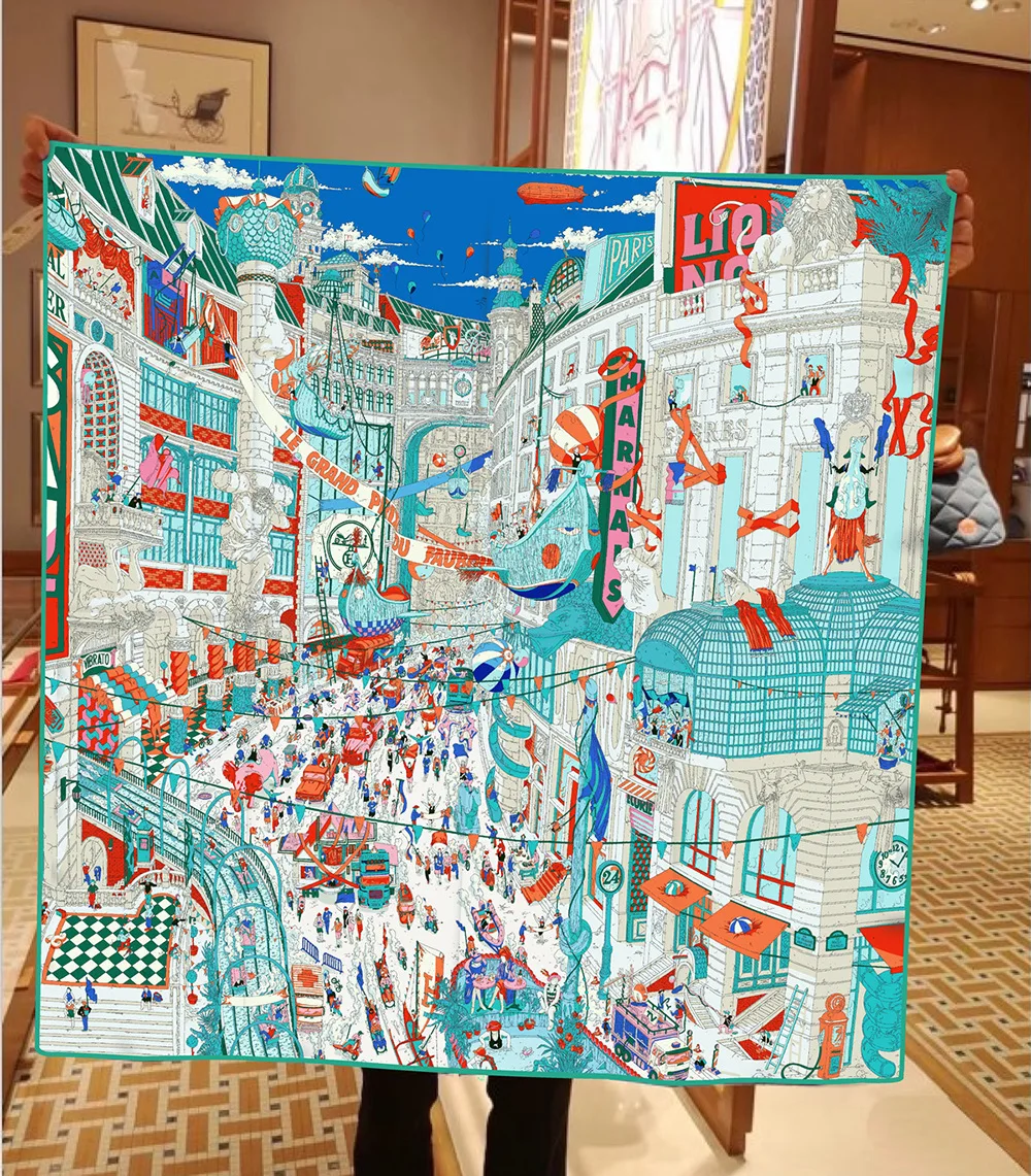 New 90CM Fashion Twill Silk Scarf for Women City of Paris Print Wraps Headband Shawl Stoles Hijab Lady Square Foulard Bandana image 2