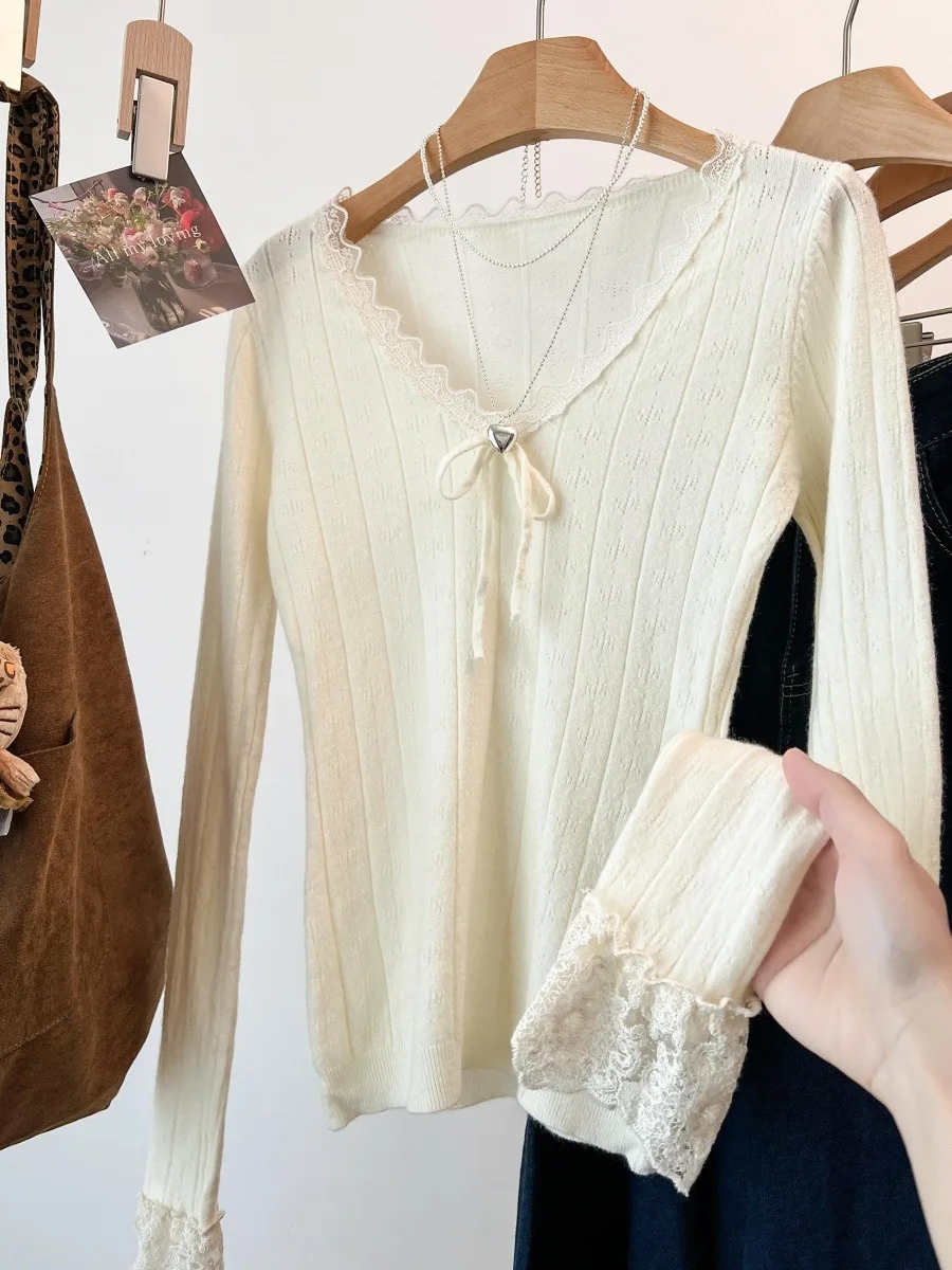 

Slim Fit V Ne Lace Base irt женский вязаный свитер внутренняя одежда с узлом абрикосового цвета для поездок на работу зимнее новое поступление