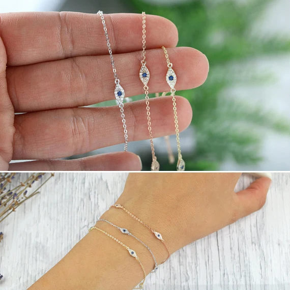 3 pcs cz evil eye charm cute delicate girl jewelry 100% 925 sterling silver bracelet extended