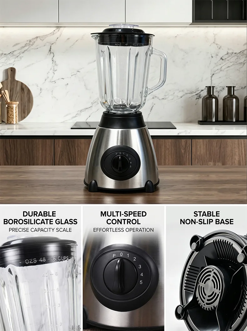 5-Speed Silent Blender 1.5L Glass Jar Multifunctional 2-in-1 Juicer Grinder Household Smoothie Milkshake Food Mixer Kitchen Blen