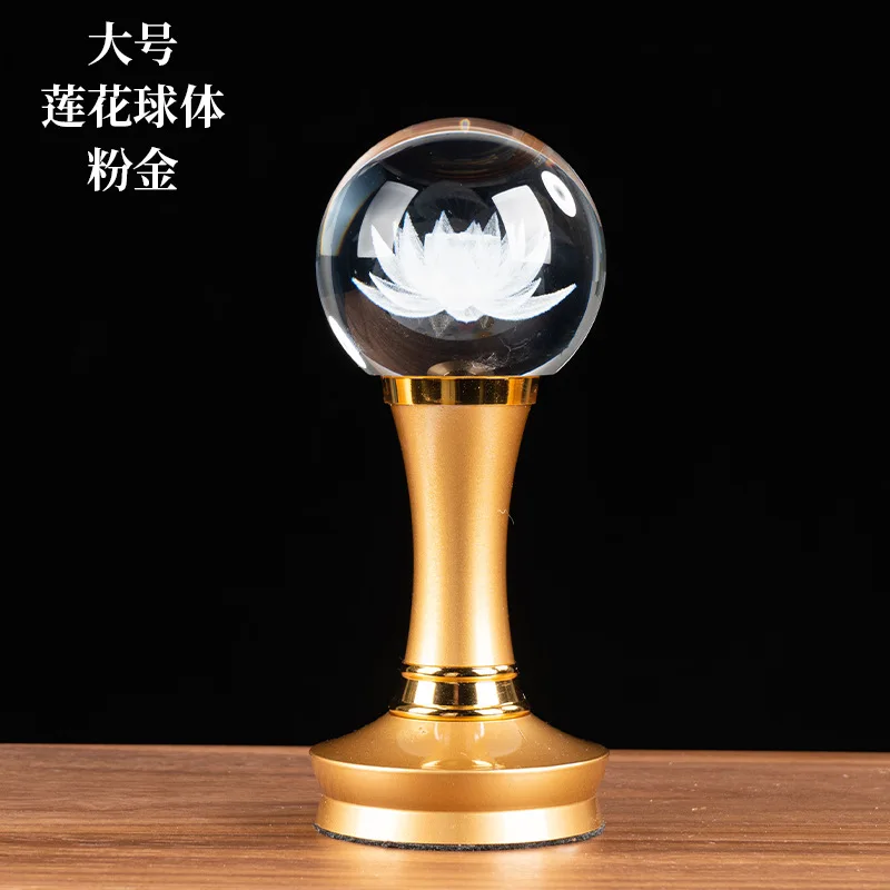 Rechargeable LED Crystal Lotus Lamp Buddhist Altar Light Home Temple Offering Decor Glass Sphere Eternal Flame Pink Gold Base