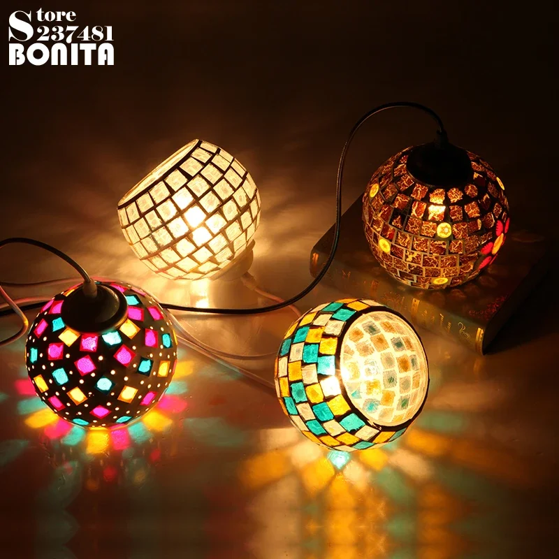 

Mediterranean Southeast Asian Style Retro Colorful Shell Pendant Lamp Dinning Room Cafe Bar Party Mosaic Glass Pendant Light