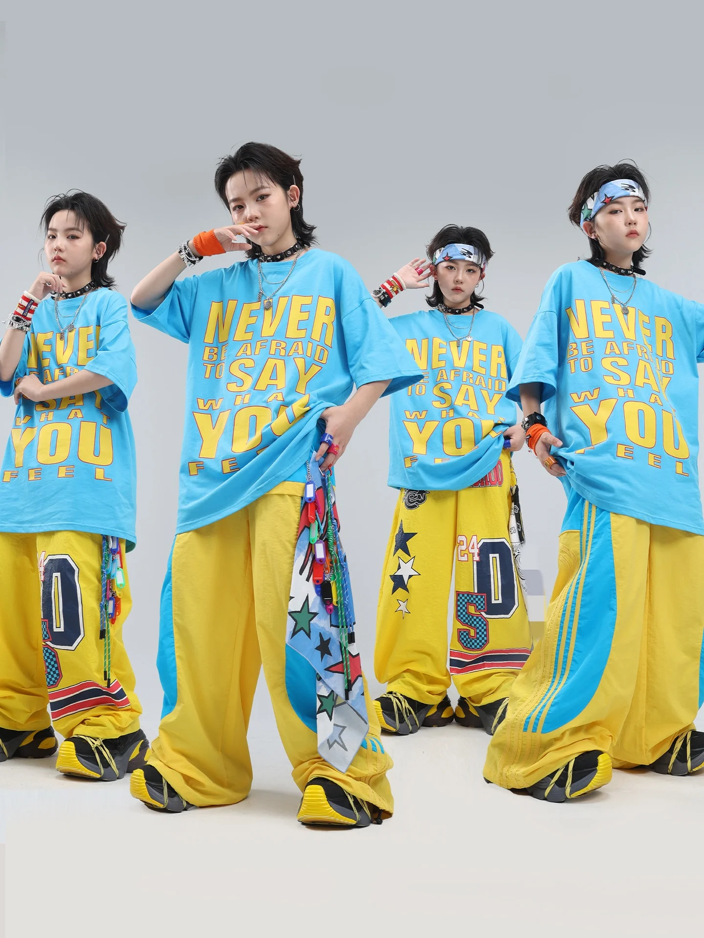 Kids Streetwear Costumes Blue Yellow Oversized T-Shirt Baggy Pants Set for Girls Hip Hop Clothing Boys Jazz Dance Stage Outfit