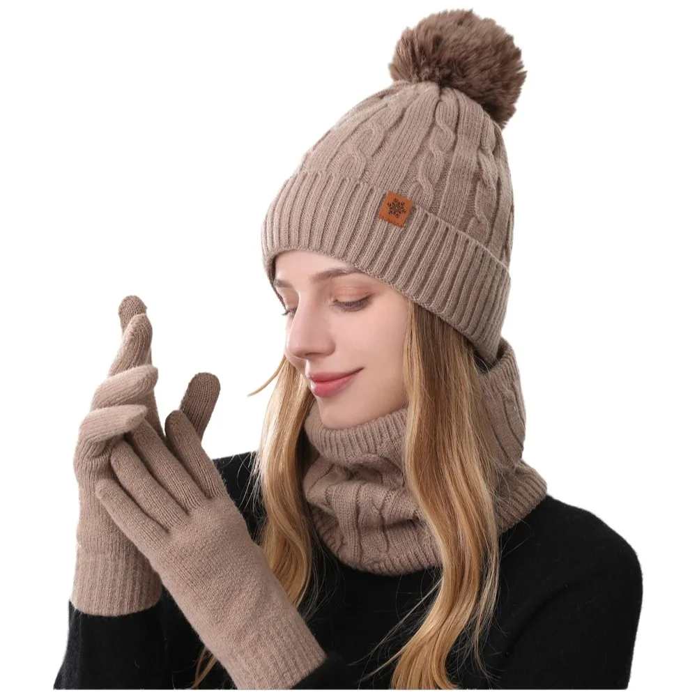 3Pcs/Set Warm Winter Hat Scarf Gloves Set Thicken Lining Knit Beanie Snood Set Soft Windproof Scarf Neck Warmer Suit