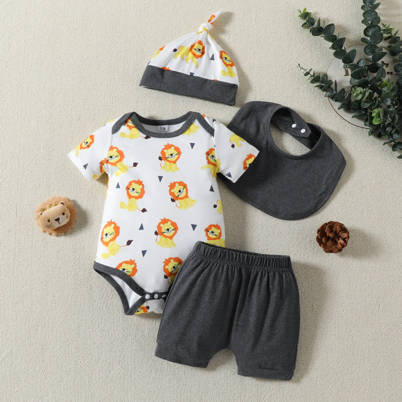 

Infant Boys Girls Short Sleeve Cartoon Animal Prints Romper Bodysuit Shorts Hat Bibs 4 Pieces Outfits Summer Baby Clothes Sets