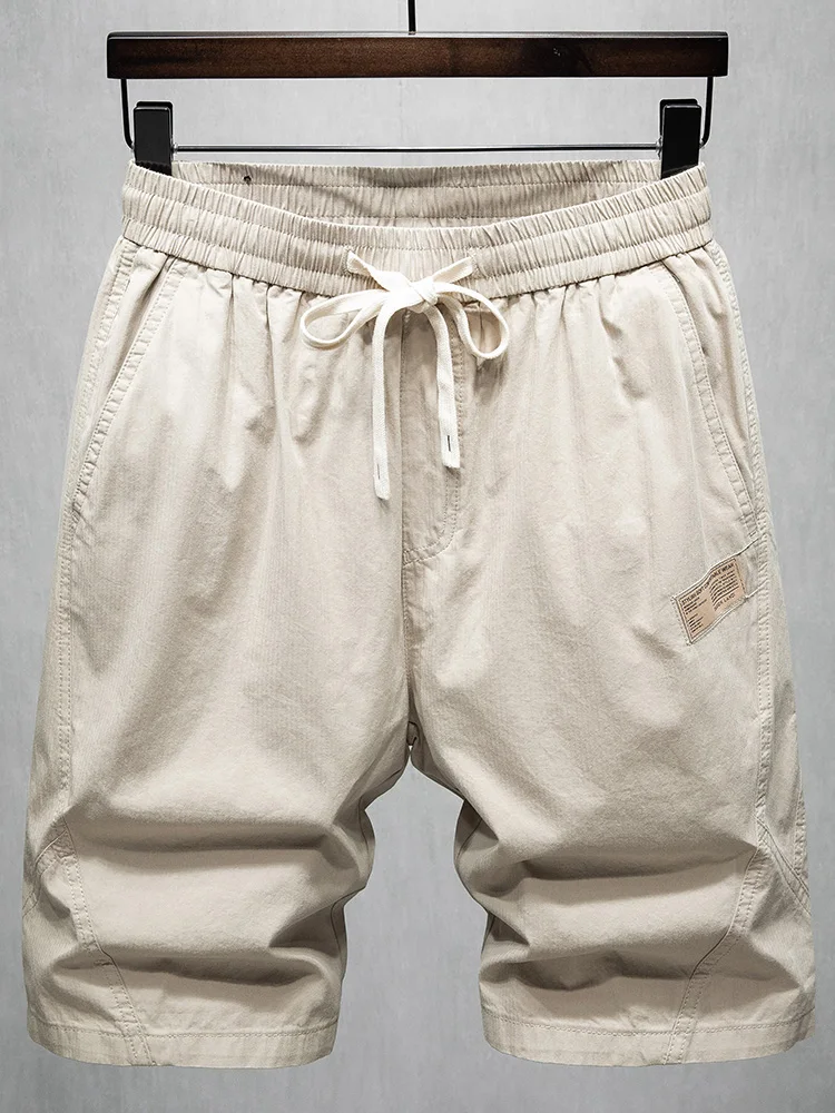 

Summer 100% Cotton Drawstring Shorts Men Casual Light Apricot Elastic Waist Beach Shorts