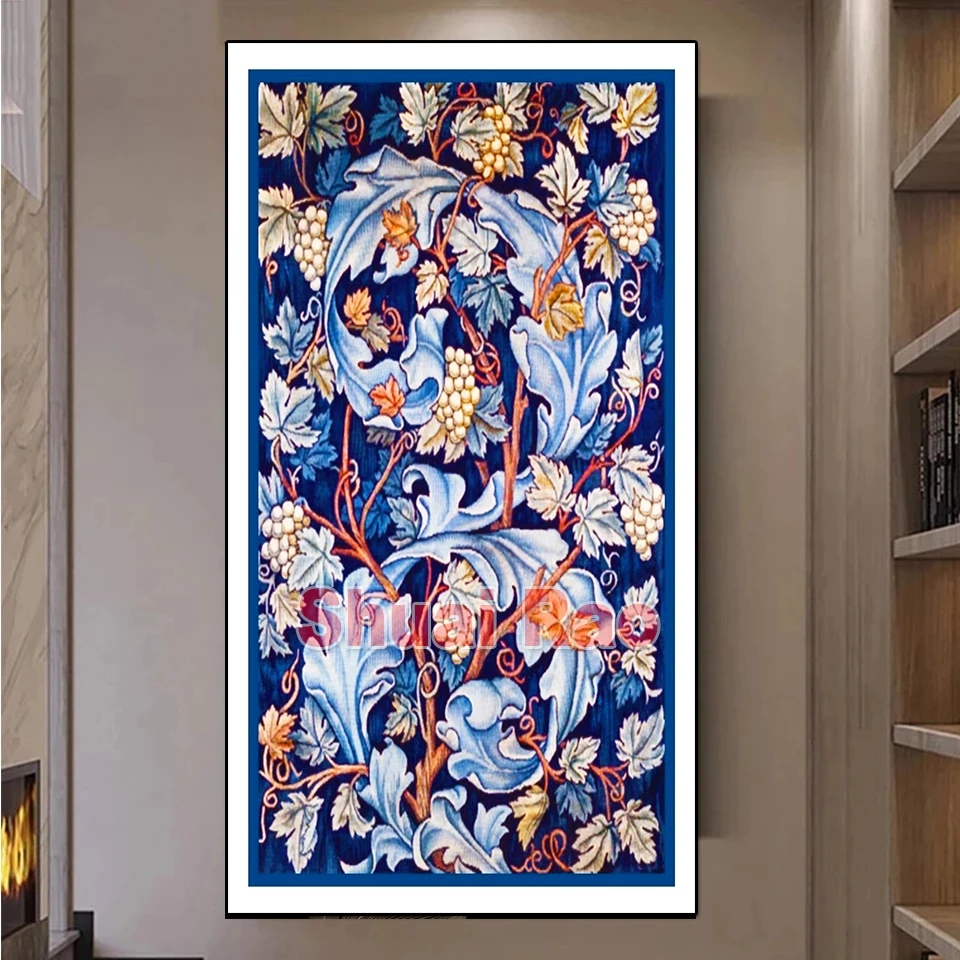 Blue Flower Birds Famous Diamond Painting William Morris Abstract Tree Crafts Mosaic Cross Stitch Full Diamond Embroidery