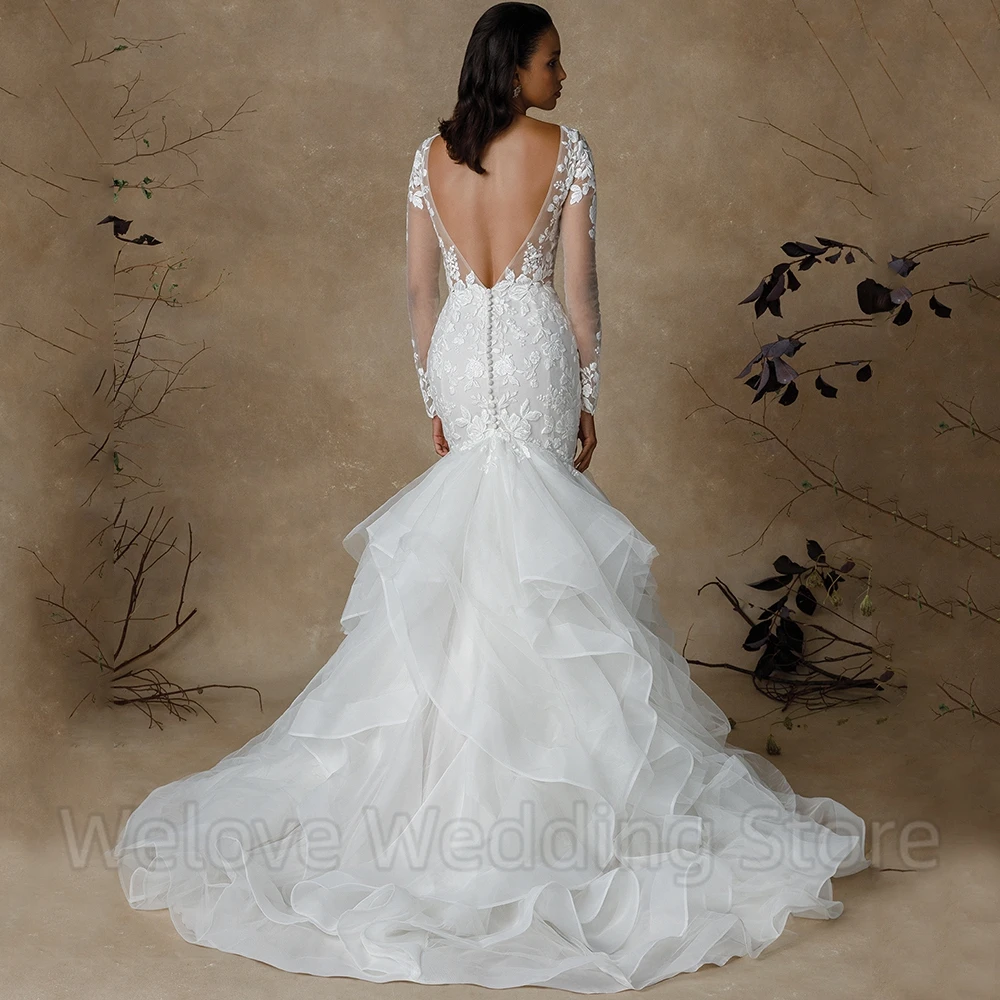 Robe de Mariée Sirène à Volants et Manches sulfen Tulle, Classique, Col en V, Dos Ouvert, pour Patients, Quelle que soit la Robe