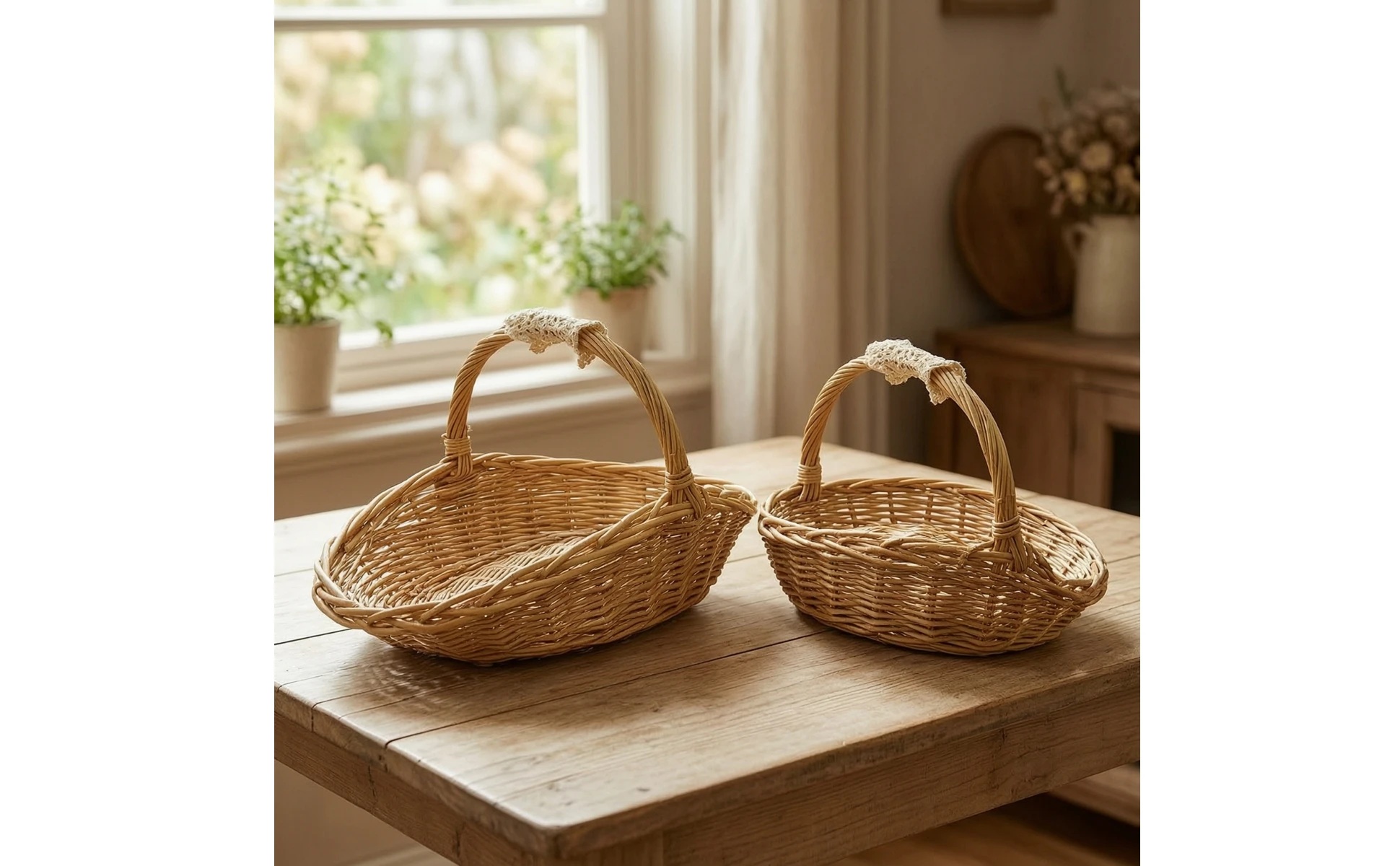 2 Pieces Wicker Storage Basket with Handle Handwoven Woven Fruit Basket Portable Lightweight for Kitchen, Home Organization