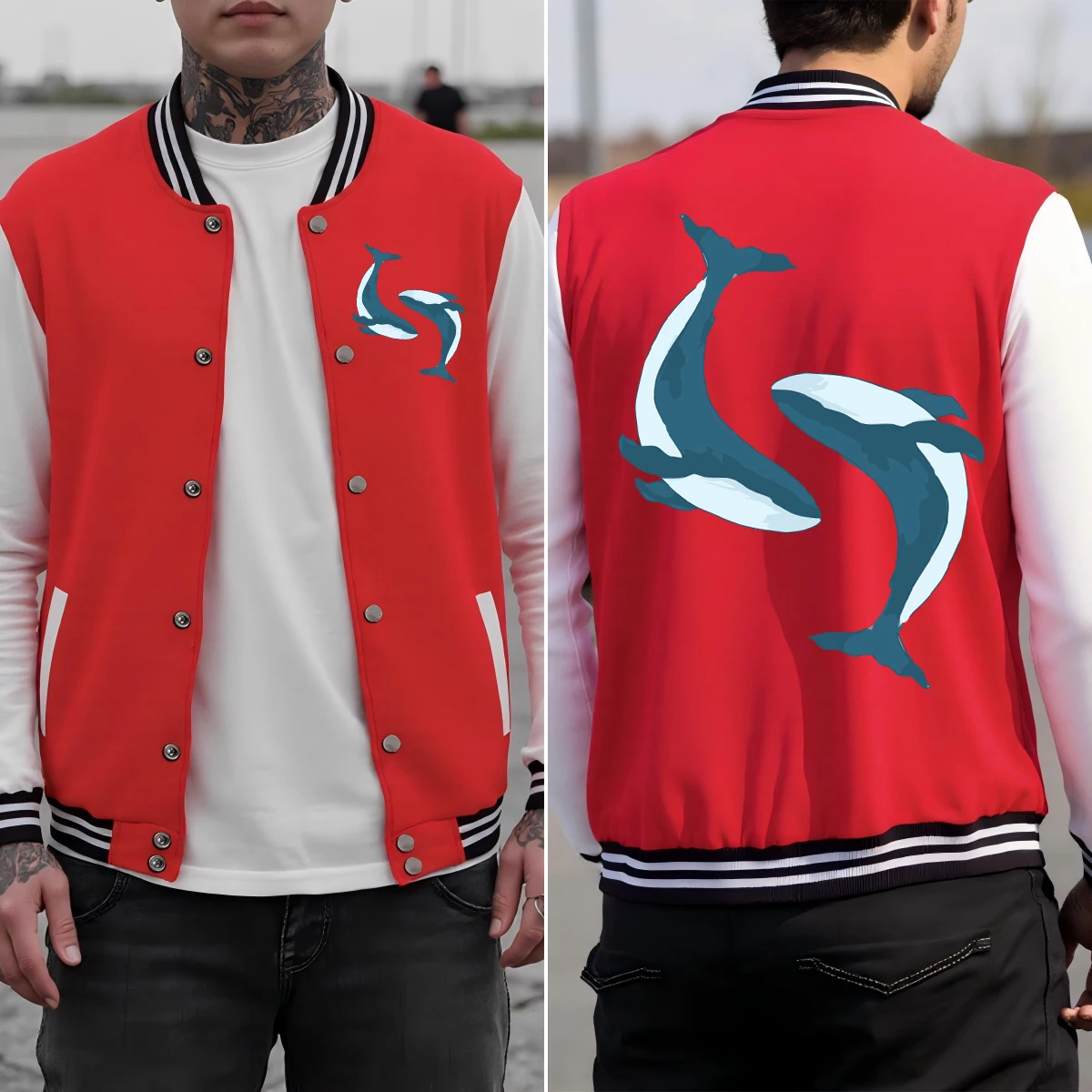 

Two Whales Cuddled And Played Together Print Jacket Men Soft Loose Baseball Uniform Colorful Sportswear Autumn Cotton Clothes